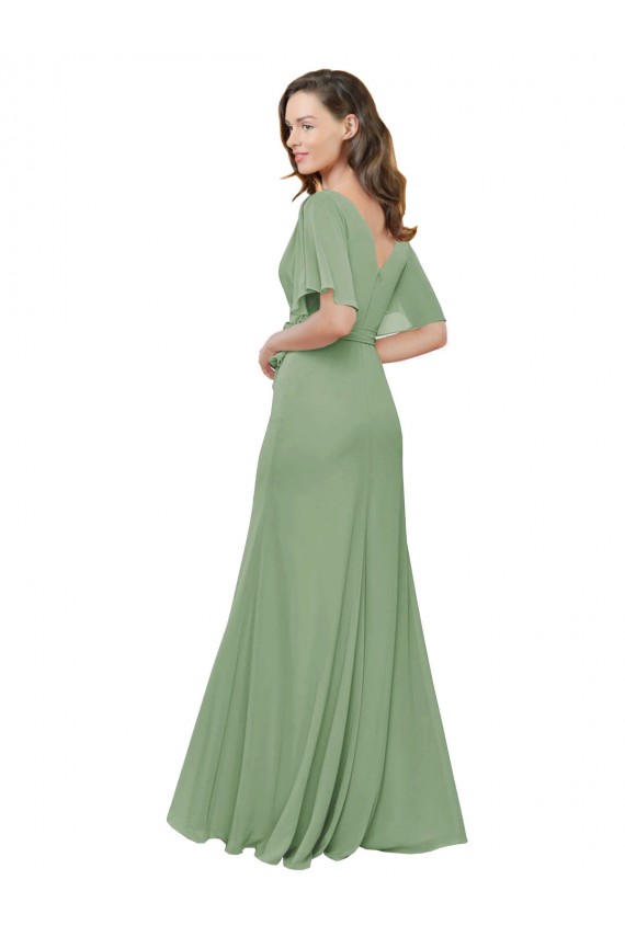 Soft Chiffon Long V-Neck Seagrass A-Line Bridesmaid Dress Sudbury