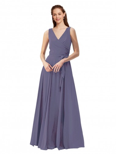 Soft Chiffon Long V-Neck Silver Stone A-Line Bridesmaid Dress Sudbury