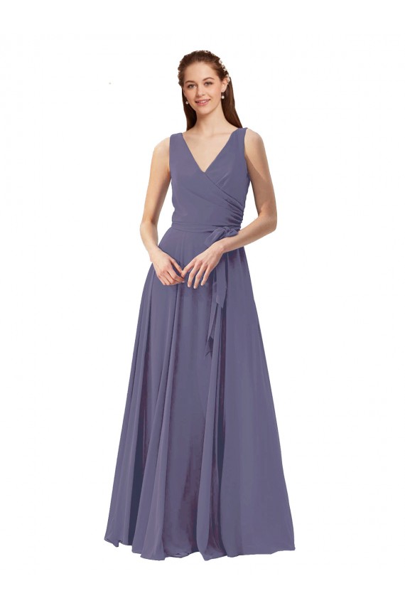 Soft Chiffon Long V-Neck Silver Stone A-Line Bridesmaid Dress Sudbury