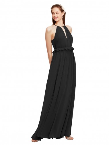 Soft Chiffon Keyhole Back Long Halter Neck Black Sheath Bridesmaid Dress Sudbury