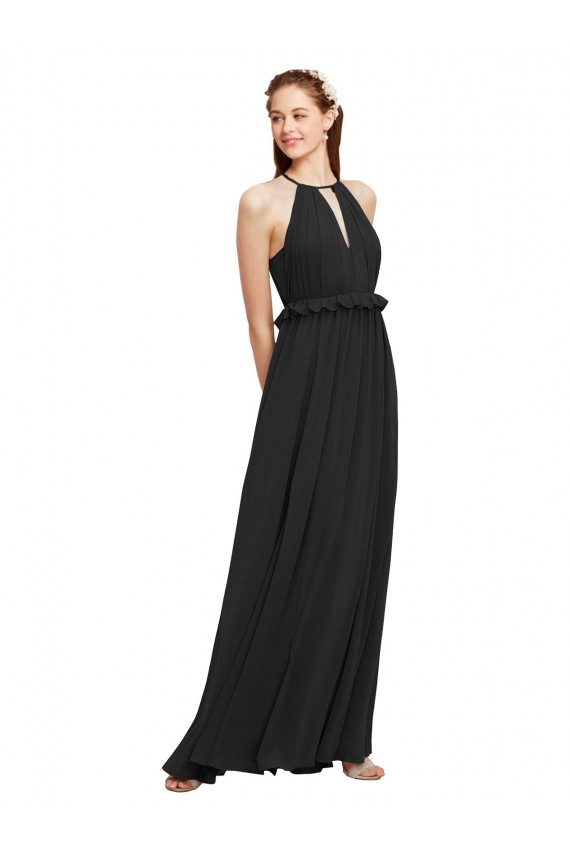 Soft Chiffon Keyhole Back Long Halter Neck Black Sheath Bridesmaid Dress Sudbury