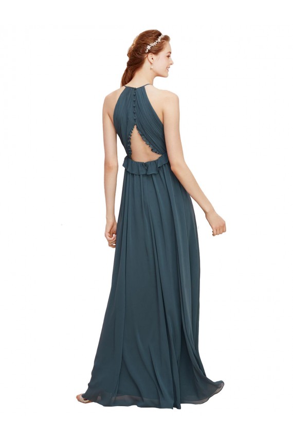 Soft Chiffon Keyhole Back Long Halter Neck Black Sheath Bridesmaid Dress Sudbury
