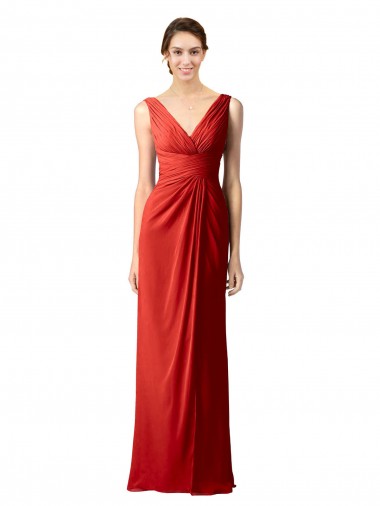 Soft Chiffon V-Back Long V-Neck Red Sheath Bridesmaid Dress Sudbury