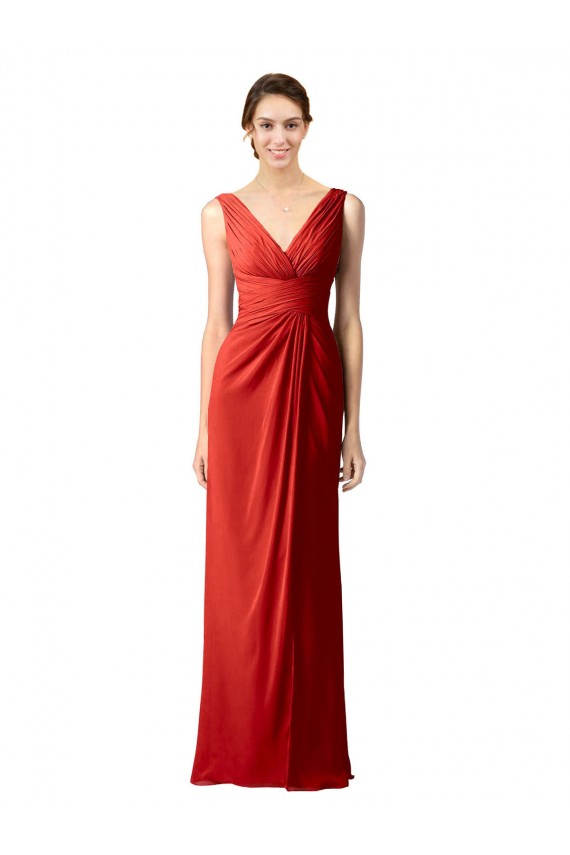 Soft Chiffon V-Back Long V-Neck Red Sheath Bridesmaid Dress Sudbury