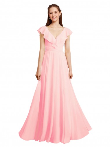 Chiffon V-Back Long V-Neck Pink A-Line Bridesmaid Dress / Evening Gowns Sudbury