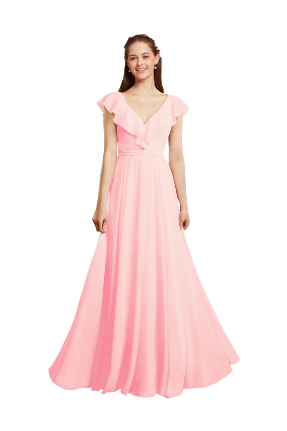 Chiffon V-Back Long V-Neck Pink A-Line Bridesmaid Dress / Evening Gowns Sudbury