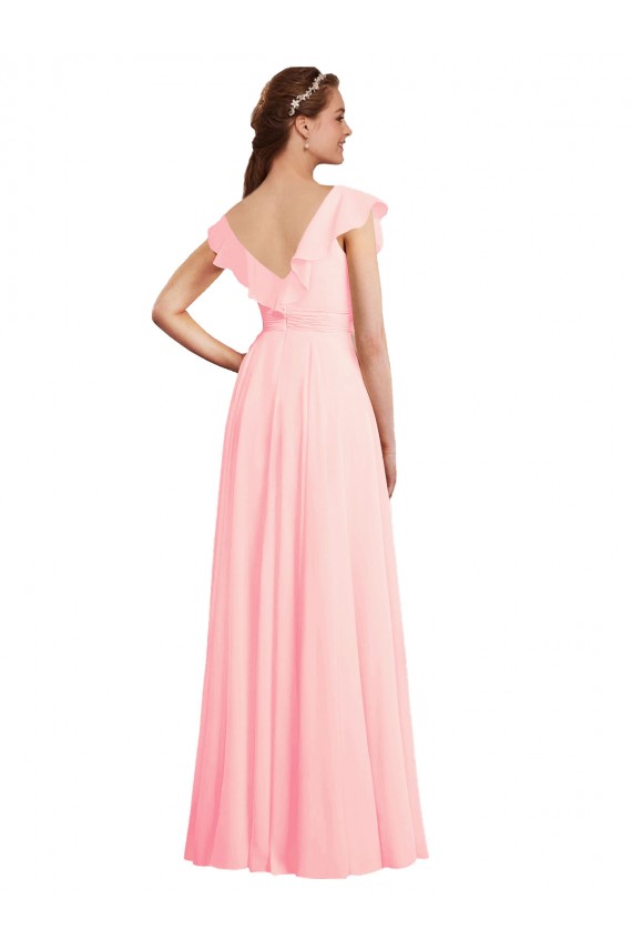 Chiffon V-Back Long V-Neck Pink A-Line Bridesmaid Dress / Evening Gowns Sudbury