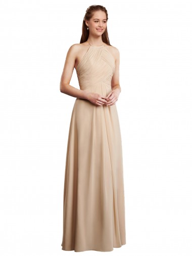 Soft Chiffon Low Back Long Halter Neck Champagne A-Line Bridesmaid Dress Sudbury