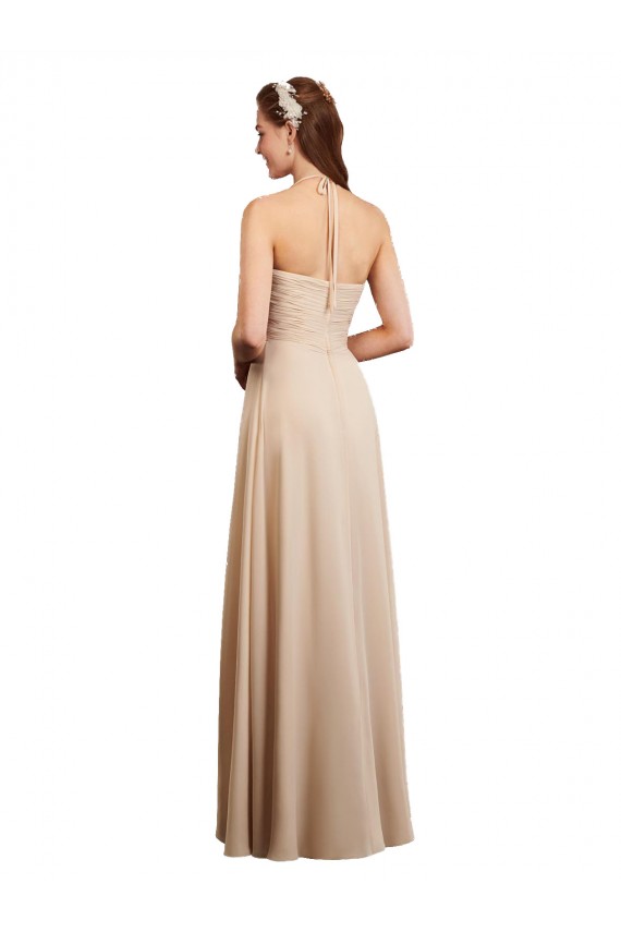 Soft Chiffon Low Back Long Halter Neck Champagne A-Line Bridesmaid Dress Sudbury