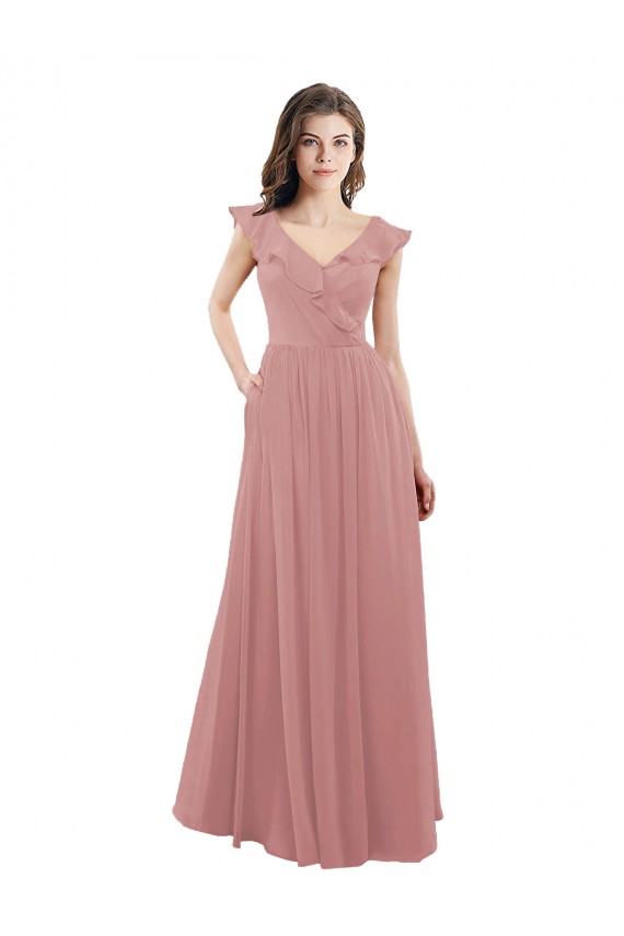 Soft Chiffon V-Back Long V-Neck Dusty Pink A-Line Bridesmaid Dress Sudbury