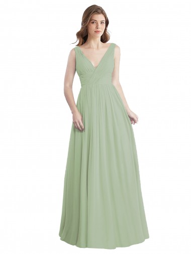 Soft Chiffon V-Back Long V-Neck Smoke Green A-Line Formal Dress / Bridesmaid Dress Sudbury