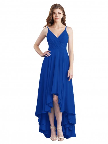 Soft Chiffon Open Back Long Spaghetti Straps Royal Blue A-Line High Low Bridesmaid Dress Sudbury