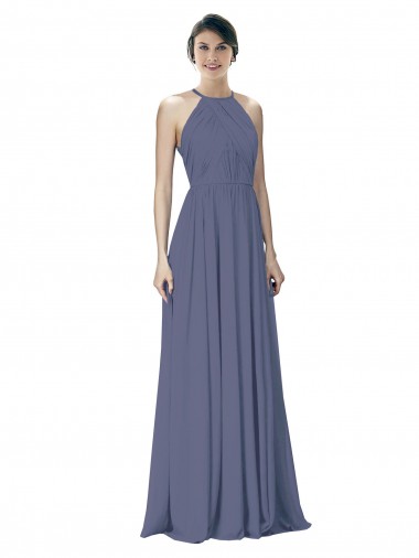 Soft Chiffon Open Back Long Halter Neck Silver Stone A-Line Formal Dress / Bridesmaid Dress Sudbury