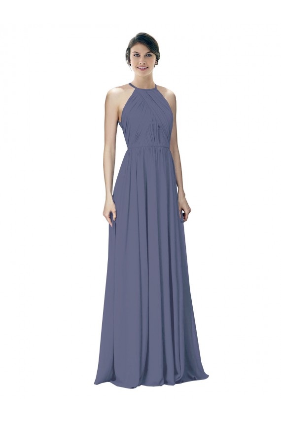 Soft Chiffon Open Back Long Halter Neck Silver Stone A-Line Formal Dress / Bridesmaid Dress Sudbury