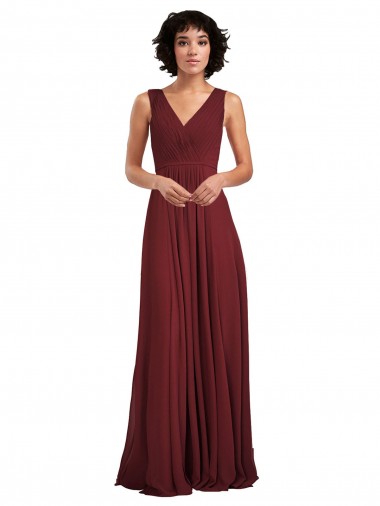 Soft Chiffon V-Back Long V-Neck Burgundy A-Line Bridesmaid Dress Sudbury