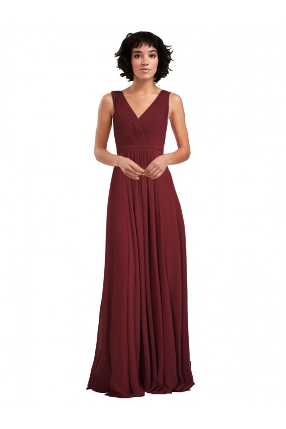 Soft Chiffon V-Back Long V-Neck Burgundy A-Line Bridesmaid Dress Sudbury