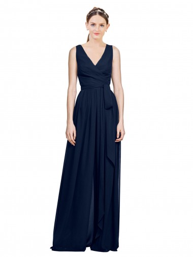 Chiffon Long V-Neck Dark Navy A-Line Wedding Party Dress Sudbury