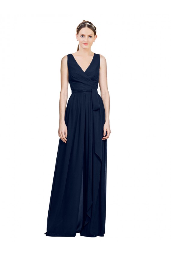 Chiffon Long V-Neck Dark Navy A-Line Wedding Party Dress Sudbury