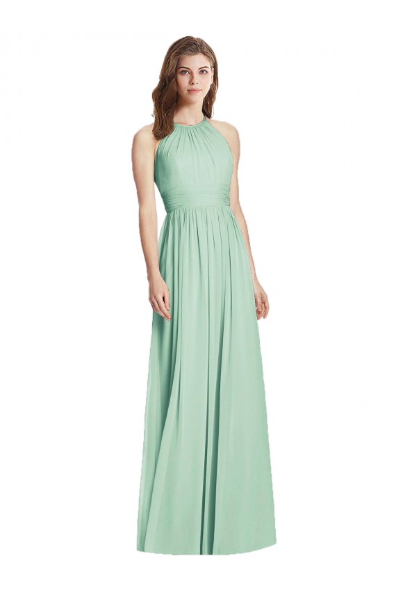 Soft Chiffon Open Back Long Halter Neck Mint Green A-Line Semi Formal Evening Dress / Bridesmaid Dress Sudbury