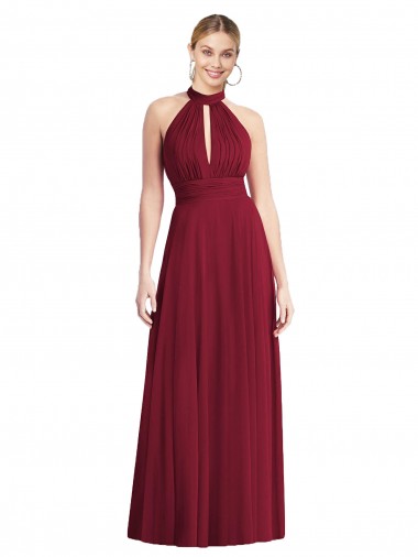 Soft Chiffon Open Back Long Halter Neck Burgundy A-Line Semi Formal Evening Dress / Bridesmaid Dress Sudbury