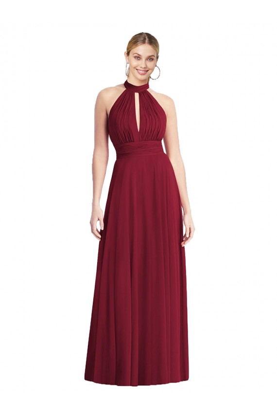 Soft Chiffon Open Back Long Halter Neck Burgundy A-Line Semi Formal Evening Dress / Bridesmaid Dress Sudbury