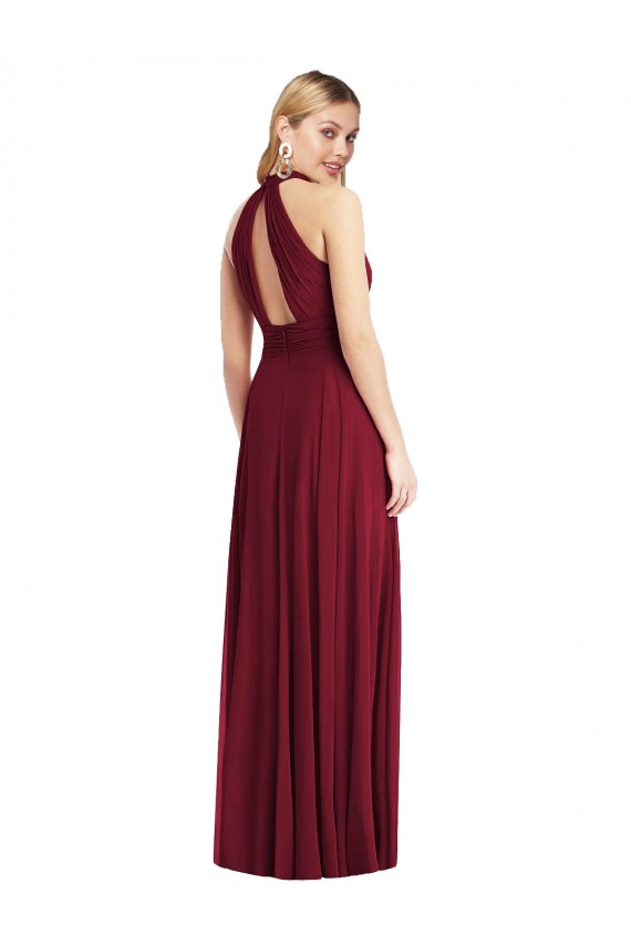 Soft Chiffon Open Back Long Halter Neck Burgundy A-Line Semi Formal Evening Dress / Bridesmaid Dress Sudbury