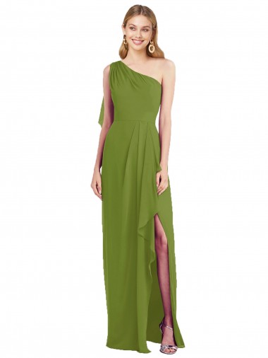 Soft Chiffon Long One Shoulder Olive Green Trumpet Bridesmaid Dress Sudbury