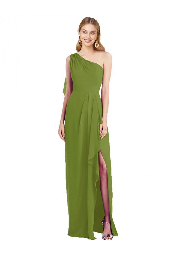 Soft Chiffon Long One Shoulder Olive Green Trumpet Bridesmaid Dress Sudbury