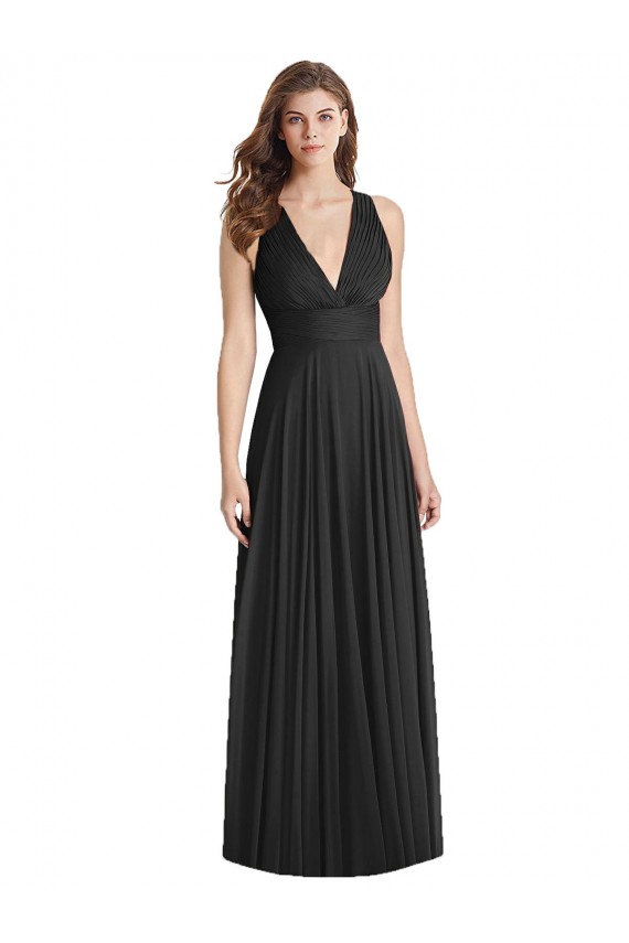 Soft Chiffon Criss Cross Back Long V-Neck Black A-Line Bridesmaid Dress Sudbury