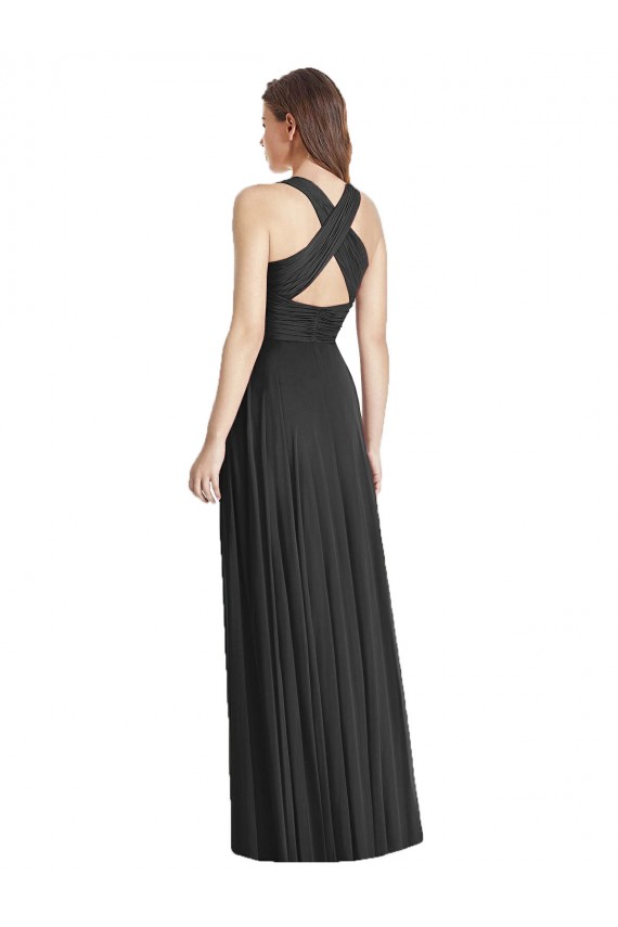 Soft Chiffon Criss Cross Back Long V-Neck Black A-Line Bridesmaid Dress Sudbury