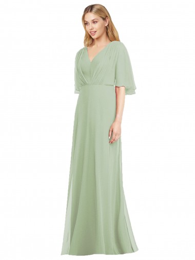 Soft Chiffon Long V-Neck Smoke Green Trumpet Bridesmaid Dress Sudbury