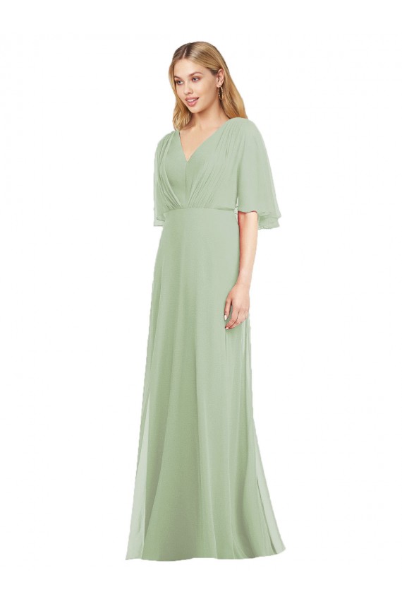 Soft Chiffon Long V-Neck Smoke Green Trumpet Bridesmaid Dress Sudbury