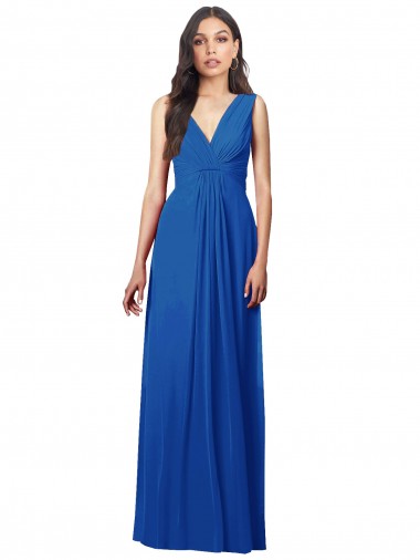 Soft Chiffon V-Back Long V-Neck Royal Blue A-Line Semi Formal Evening Dress / Bridesmaid Dress Sudbury