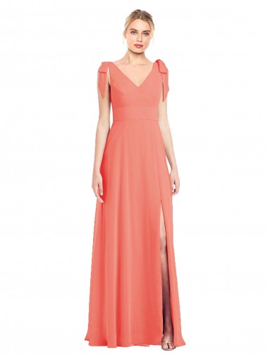 Soft Chiffon V-Back Long V-Neck Coral Trumpet Bridesmaid Dress Sudbury