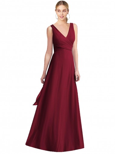 Chiffon V-Back Long Floor Length V-Neck Burgundy A-Line Bridesmaid Dress Sudbury