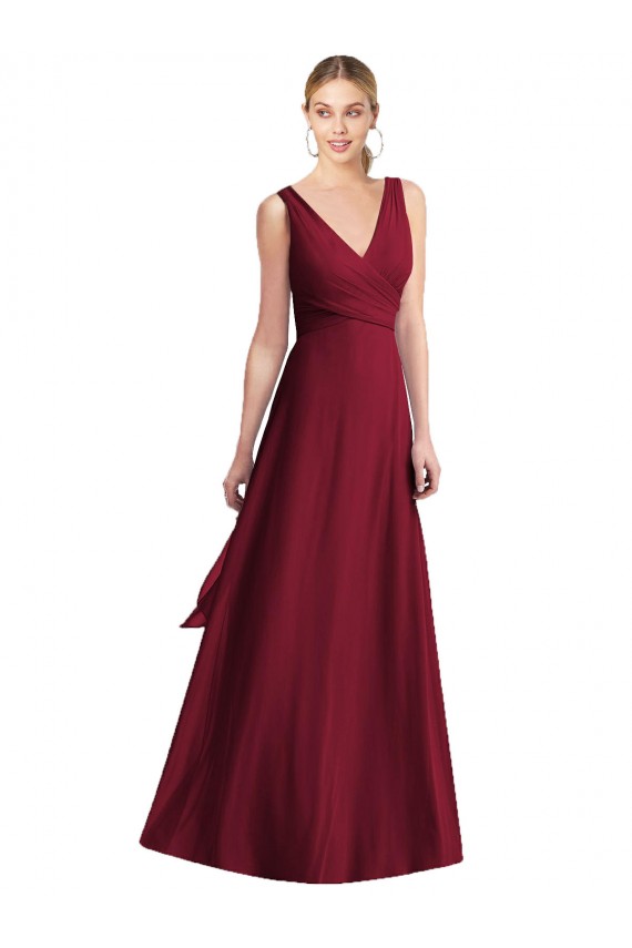 Chiffon V-Back Long Floor Length V-Neck Burgundy A-Line Bridesmaid Dress Sudbury