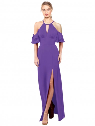 Soft Chiffon Open Back Long Halter Neck Purple A-Line Bridesmaid Dress Sudbury