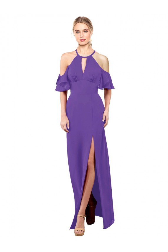 Soft Chiffon Open Back Long Halter Neck Purple A-Line Bridesmaid Dress Sudbury