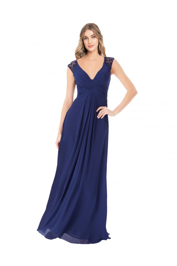 Soft Chiffon Keyhole Back Long V-Neck Sapphire A-Line Bridesmaid Dress Sudbury