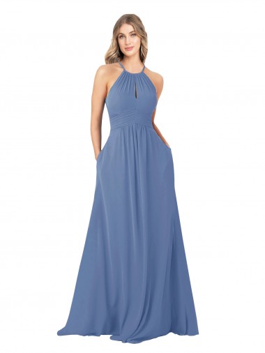 Soft Chiffon Open Back Long High Neck A-Line Bridesmaid Dress Sudbury