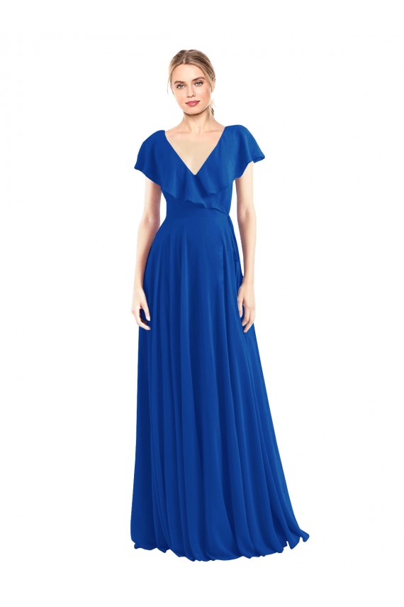 Soft Chiffon V-Back Long V-Neck Royal Blue A-Line Bridesmaid Dress Sudbury