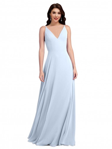 Soft Chiffon Keyhole Back Long V-Neck Light Sky Blue A-Line Evening Dress / Bridesmaid Dress Sudbury