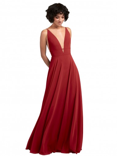 Lxue Chiffon V-Back Long V-Neck Red A-Line Bridesmaid Dress Sudbury