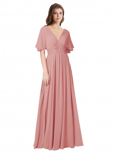Soft Chiffon V-Back Long V-Neck Bliss Pink A-Line Bridesmaid Dress Sudbury