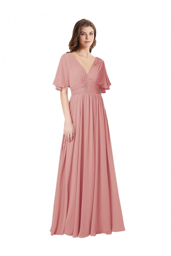 Soft Chiffon V-Back Long V-Neck Bliss Pink A-Line Bridesmaid Dress Sudbury