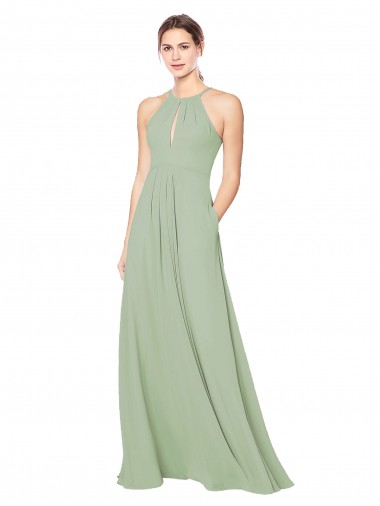 Soft Chiffon Keyhole Back Long Halter Neck Smoke Green A-Line Bridesmaid Dress Sudbury