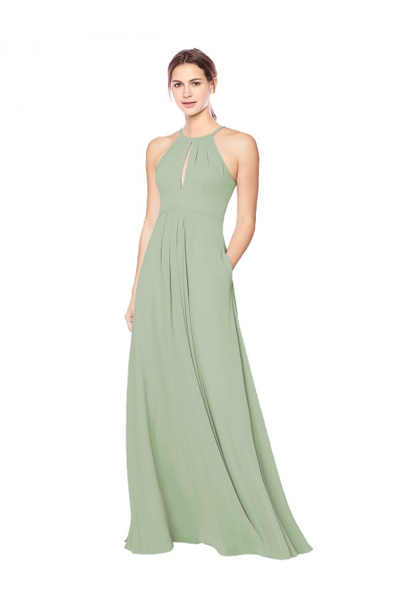 Soft Chiffon Keyhole Back Long Halter Neck Smoke Green A-Line Bridesmaid Dress Sudbury
