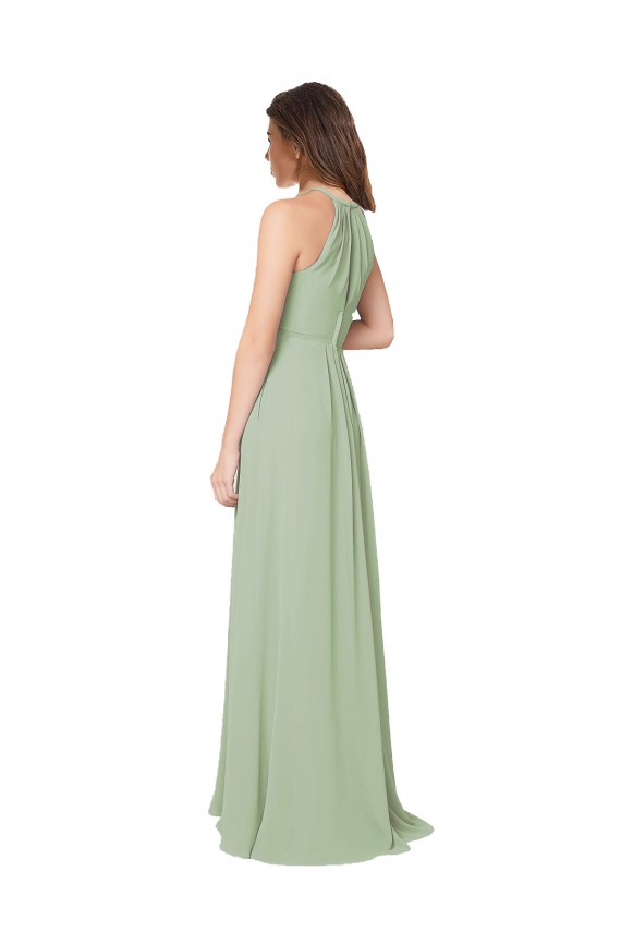 Soft Chiffon Keyhole Back Long Halter Neck Smoke Green A-Line Bridesmaid Dress Sudbury