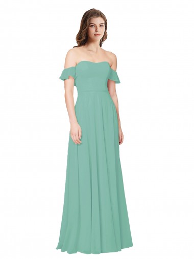 Soft Chiffon Open Back Long Off the Shoulder Jade A-Line Bridesmaid Dress Sudbury