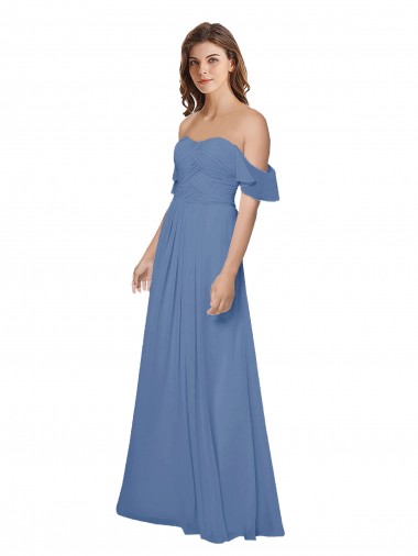 Soft Chiffon Open Back Long Off the Shoulder Windsor Blue A-Line Bridesmaid Dress Sudbury